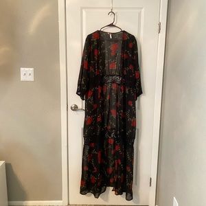 Black Rose print Duster Kimono Cardigan